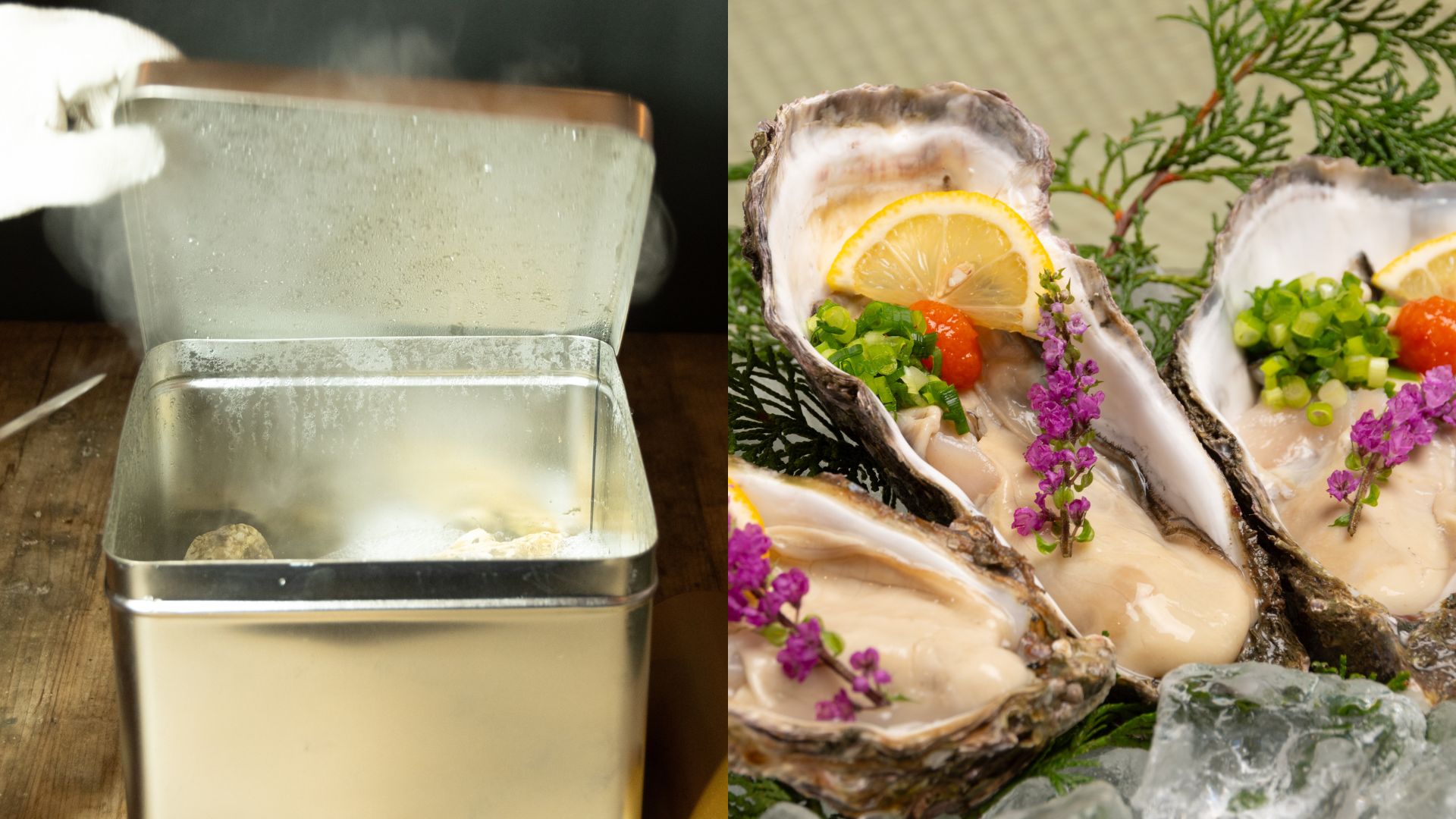 ガンガン焼きで蒸し上がる牡蠣と海鮮の様子